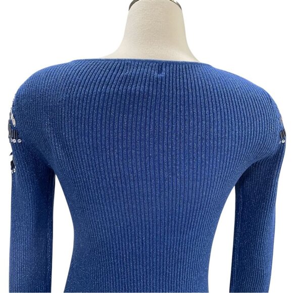 Blue Long Sleeve Ribbed Sequin Embellished Sweater M Glam Sparkly Festival Chic - Picture 5 of 11